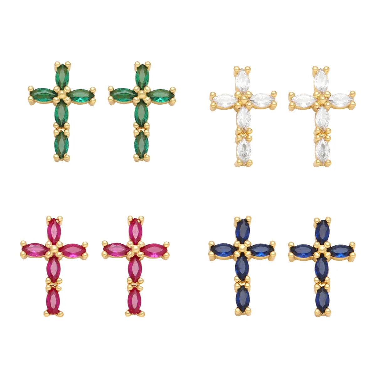 1 Pair Retro Simple Style Cross Copper Plating Inlay Zircon 18k Gold Plated Ear Studs