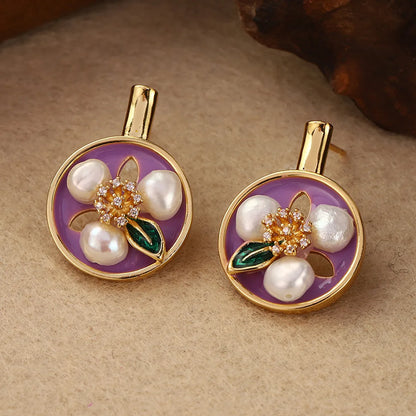 1 Pair Retro Simple Style Flower Lotus Lacquer Painting Inlay Alloy Copper Natural Pearl Zircon 18K Gold Plated Ear Studs