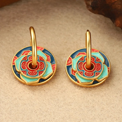 1 Pair Retro Simple Style Flower Lotus Lacquer Painting Inlay Alloy Copper Natural Pearl Zircon 18K Gold Plated Ear Studs