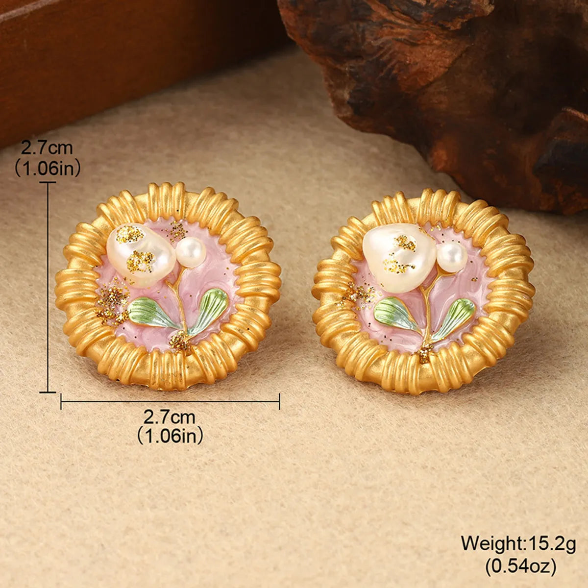 1 Pair Retro Simple Style Flower Lotus Lacquer Painting Inlay Alloy Copper Natural Pearl Zircon 18K Gold Plated Ear Studs