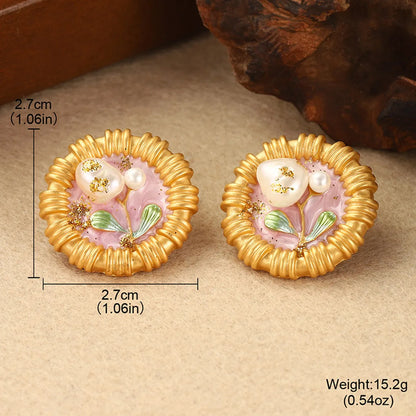 1 Pair Retro Simple Style Flower Lotus Lacquer Painting Inlay Alloy Copper Natural Pearl Zircon 18K Gold Plated Ear Studs