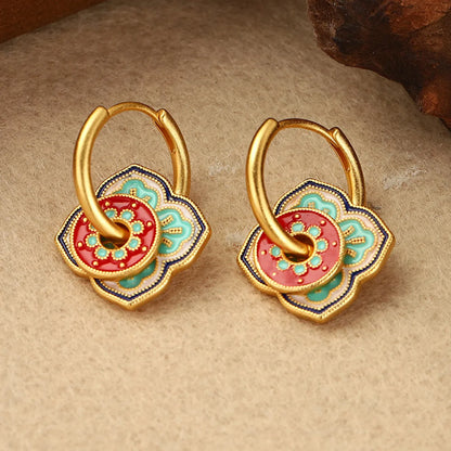 1 Pair Retro Simple Style Flower Lotus Lacquer Painting Inlay Alloy Copper Natural Pearl Zircon 18K Gold Plated Ear Studs