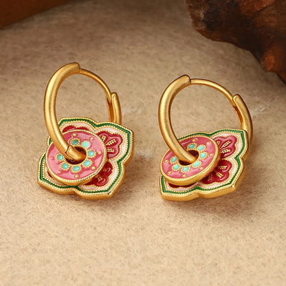 1 Pair Retro Simple Style Flower Lotus Lacquer Painting Inlay Alloy Copper Natural Pearl Zircon 18K Gold Plated Ear Studs