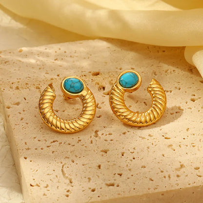 1 Pair Retro Simple Style Geometric Inlay 304 Stainless Steel Turquoise 18K Gold Plated Ear Studs