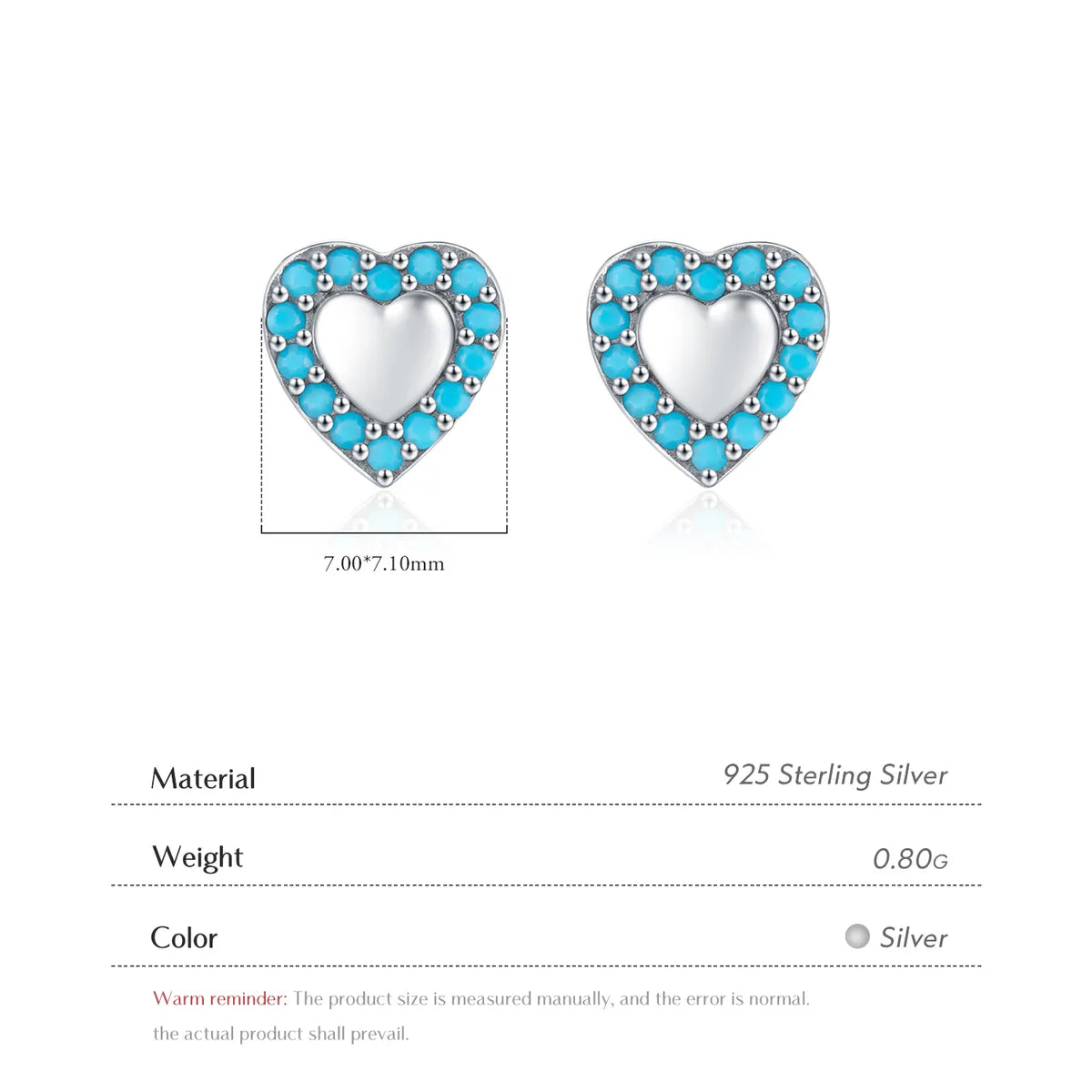 1 Pair Retro Simple Style Heart Shape Inlay Sterling Silver Turquoise Ear Studs