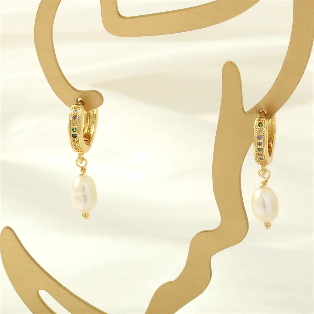 1 Pair Retro Simple Style Irregular Plating Inlay Freshwater Pearl Copper Zircon 18k Gold Plated Drop Earrings