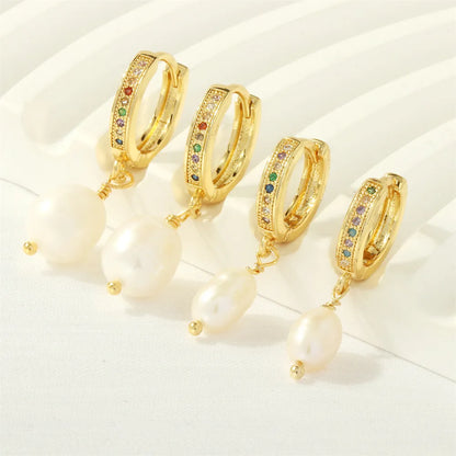 1 Pair Retro Simple Style Irregular Plating Inlay Freshwater Pearl Copper Zircon 18k Gold Plated Drop Earrings