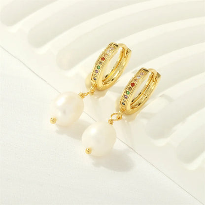 1 Pair Retro Simple Style Irregular Plating Inlay Freshwater Pearl Copper Zircon 18k Gold Plated Drop Earrings