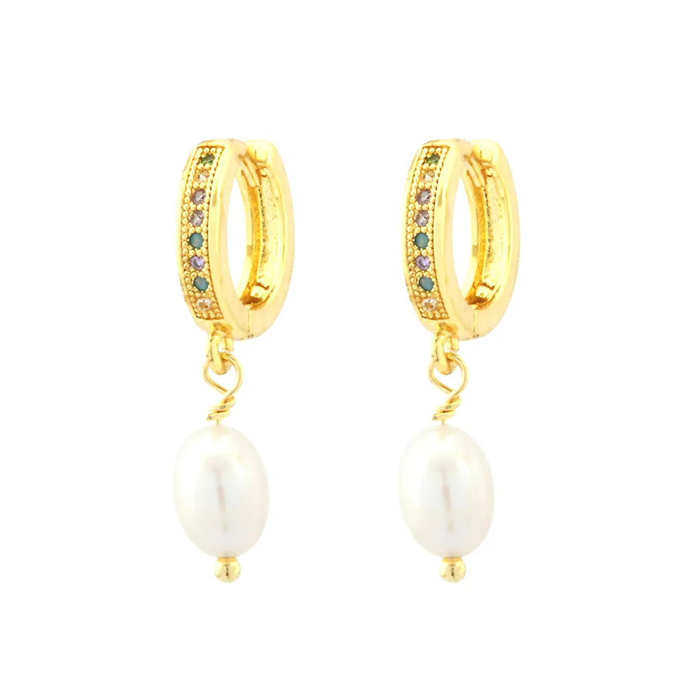 1 Pair Retro Simple Style Irregular Plating Inlay Freshwater Pearl Copper Zircon 18k Gold Plated Drop Earrings