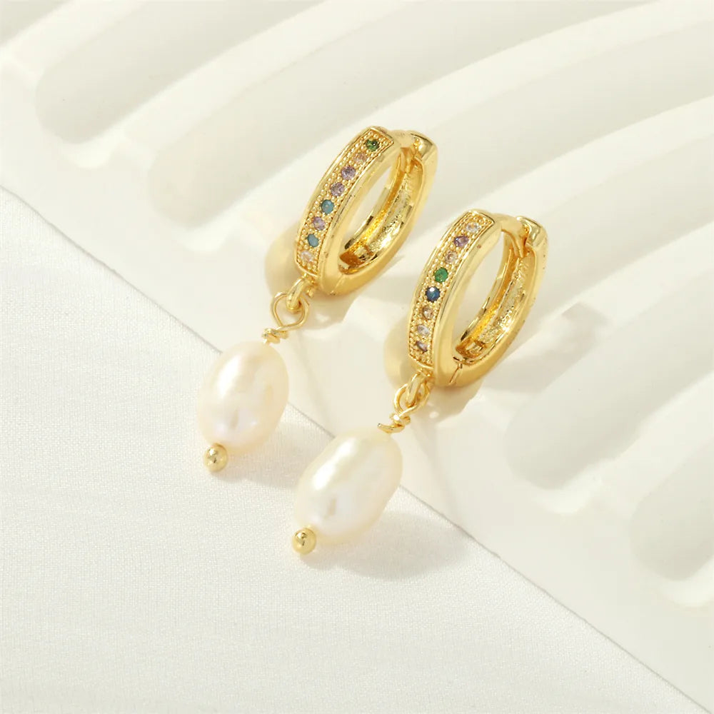 1 Pair Retro Simple Style Irregular Plating Inlay Freshwater Pearl Copper Zircon 18k Gold Plated Drop Earrings