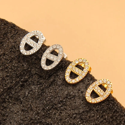 1 Pair Retro Simple Style Oval Inlay 304 Stainless Steel 316 Stainless Steel  Rhinestones 18K Gold Plated Ear Studs