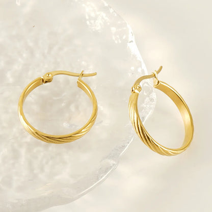 1 Pair Retro Simple Style Round Stripe Stainless Steel Plating 18k Gold Plated Hoop Earrings