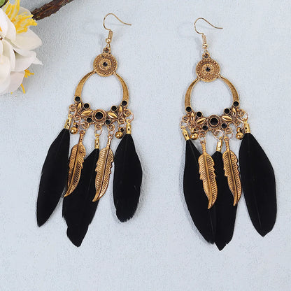 1 Pair Retro Simple Style Tassel Plating Alloy Feather Drop Earrings