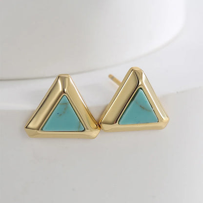 1 Pair Retro Simple Style Triangle Round Oval Plating Inlay Copper Turquoise Agate Tiger Eye 18k Gold Plated Ear Studs