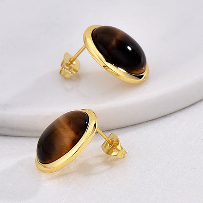 1 Pair Retro Simple Style Triangle Round Oval Plating Inlay Copper Turquoise Agate Tiger Eye 18k Gold Plated Ear Studs