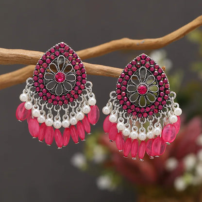 1 Pair Retro Simple Style Water Droplets Flower Tassel Hollow Out Inlay Alloy Rhinestones Silver Plated Drop Earrings