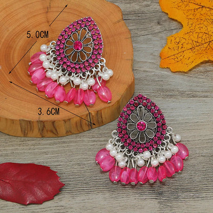 1 Pair Retro Simple Style Water Droplets Flower Tassel Hollow Out Inlay Alloy Rhinestones Silver Plated Drop Earrings