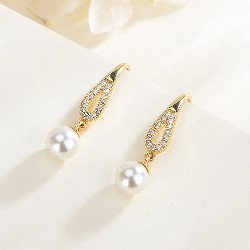 1 Pair Retro Simple Style Water Droplets Plating Inlay Sterling Silver Pearl Zircon Drop Earrings