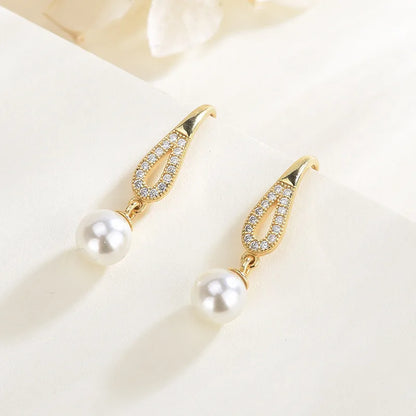 1 Pair Retro Simple Style Water Droplets Plating Inlay Sterling Silver Pearl Zircon Drop Earrings