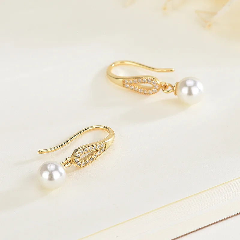 1 Pair Retro Simple Style Water Droplets Plating Inlay Sterling Silver Pearl Zircon Drop Earrings