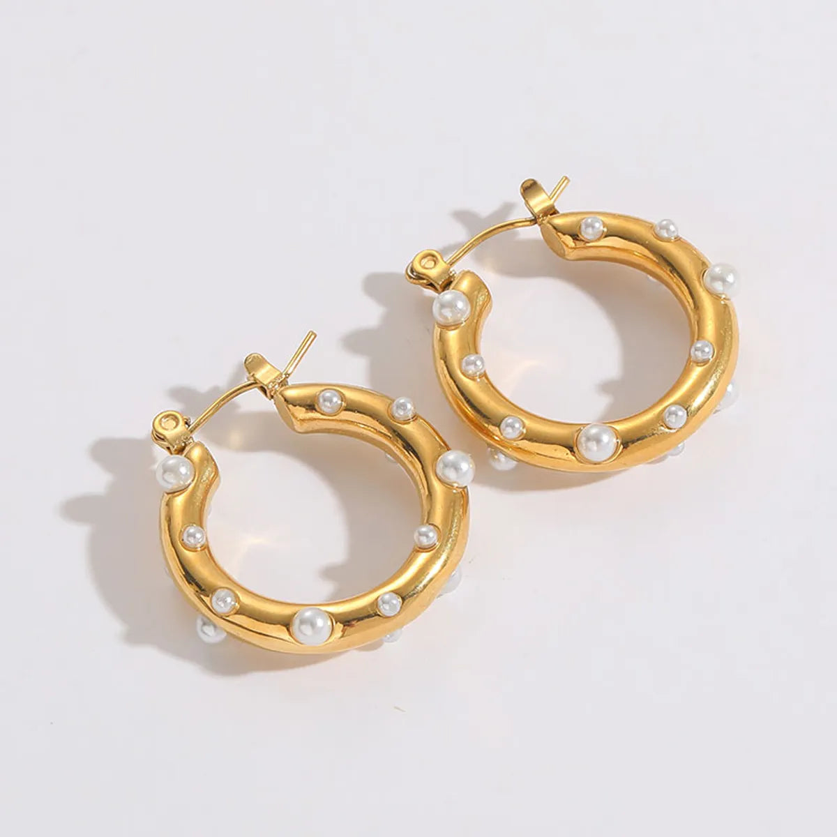 1 Pair Retro Solid Color Stainless Steel Plating Inlay Pearl Zircon Hoop Earrings