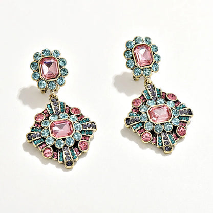 1 Pair Retro Square Inlay Alloy Crystal Drop Earrings