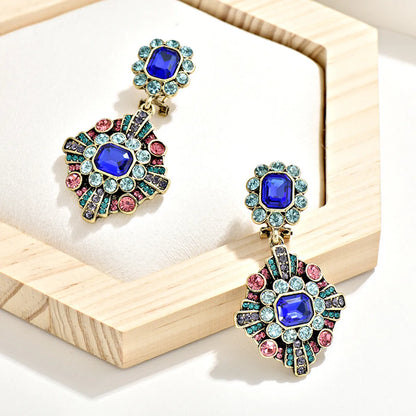 1 Pair Retro Square Inlay Alloy Crystal Drop Earrings