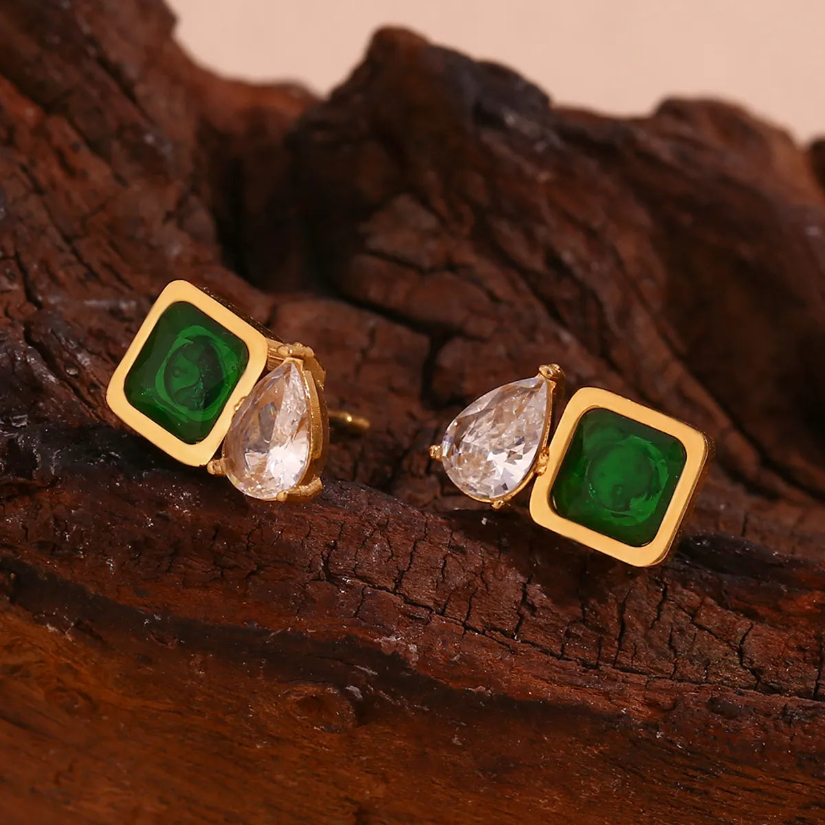 1 Pair Retro Square Plating Stainless Steel Zircon 18k Gold Plated Ear Studs