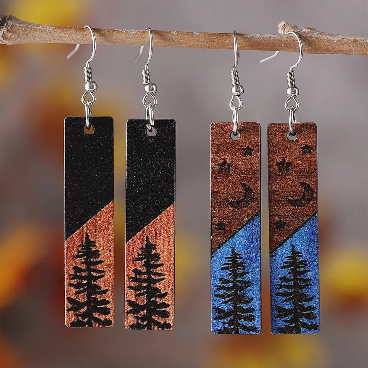 1 Pair Retro Streetwear Color Block Wood Drop Earrings