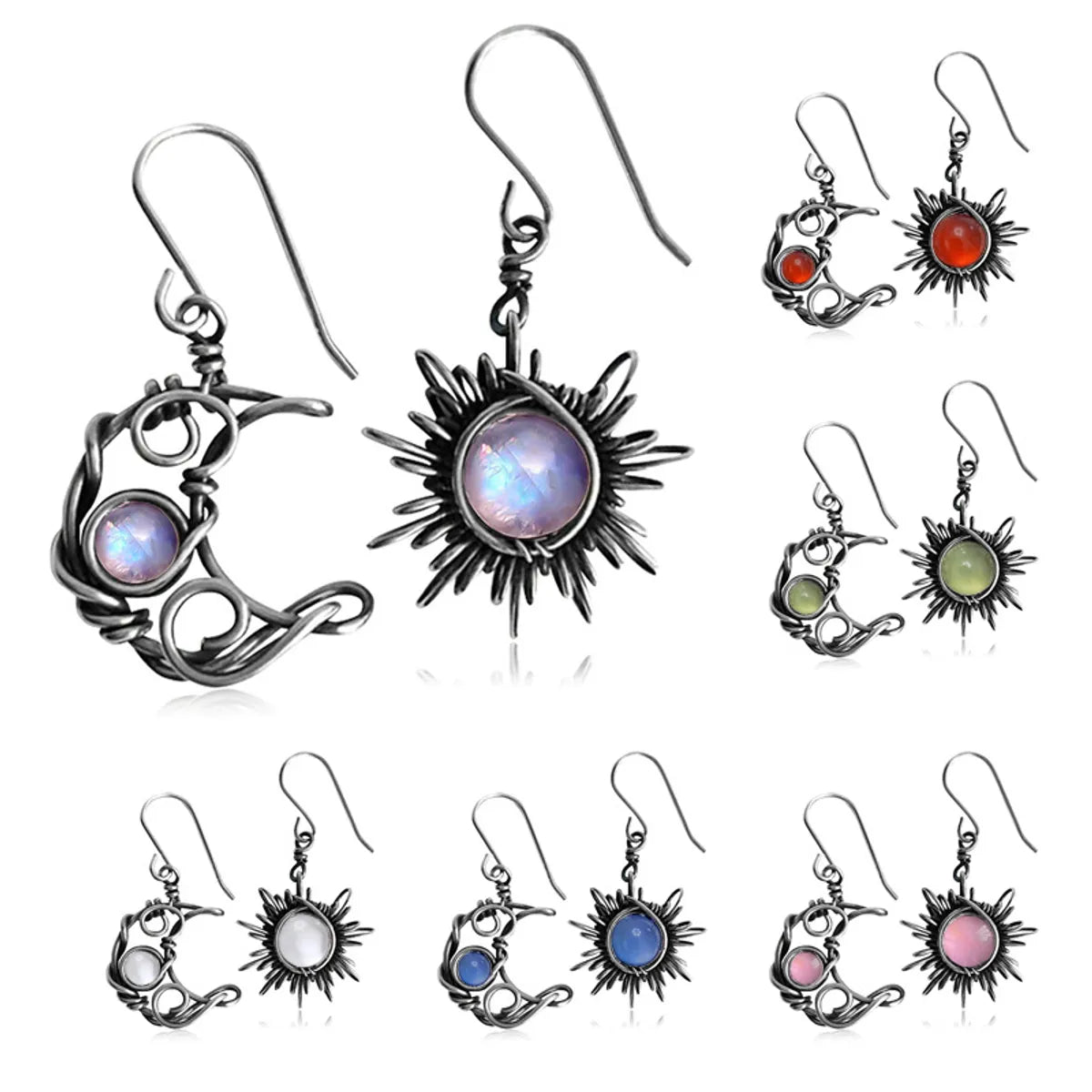 1 Pair Retro Streetwear Sun Moon Inlay Alloy Copper Resin Drop Earrings