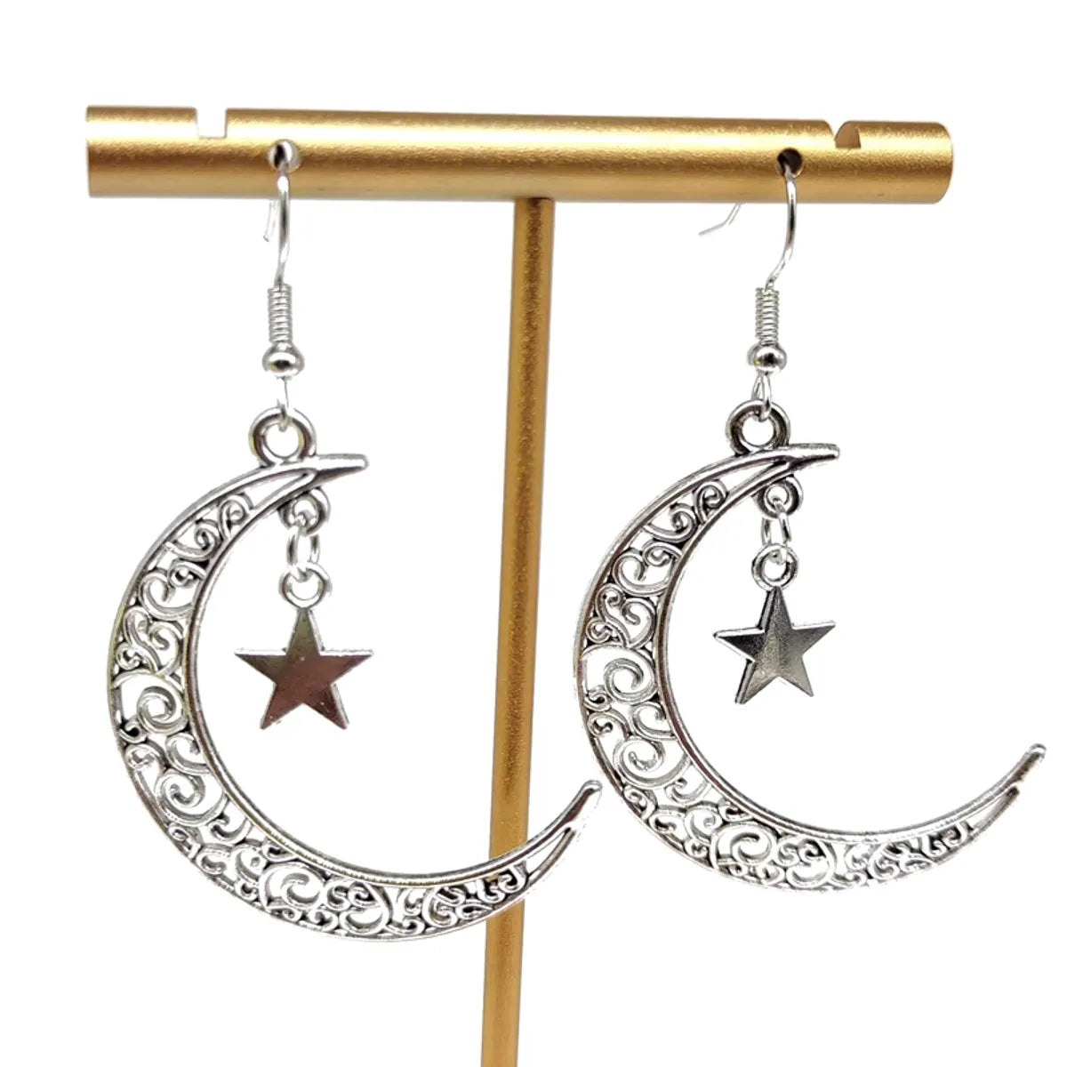 1 Pair Retro Sun Moon Plating Hollow Out Alloy Silver Plated Drop Earrings