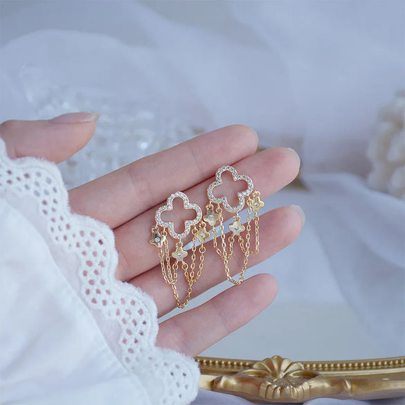 1 Pair Retro Sweet Four Leaf Clover Tassel Plating Inlay Copper Zircon Gold Plated Drop Earrings