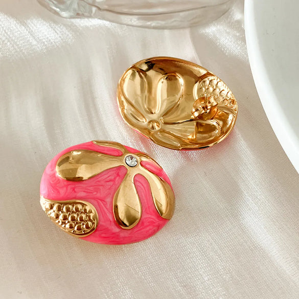 1 Pair Retro Sweet Simple Style Oval Enamel Plating 304 Stainless Steel Zircon 14K Gold Plated Ear Studs
