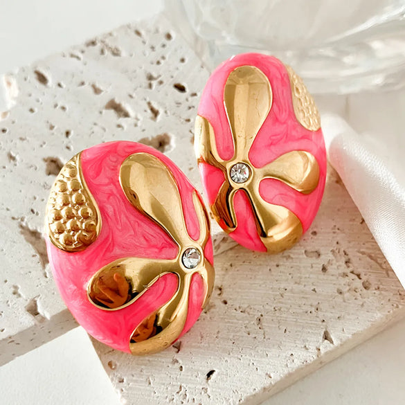 1 Pair Retro Sweet Simple Style Oval Enamel Plating 304 Stainless Steel Zircon 14K Gold Plated Ear Studs