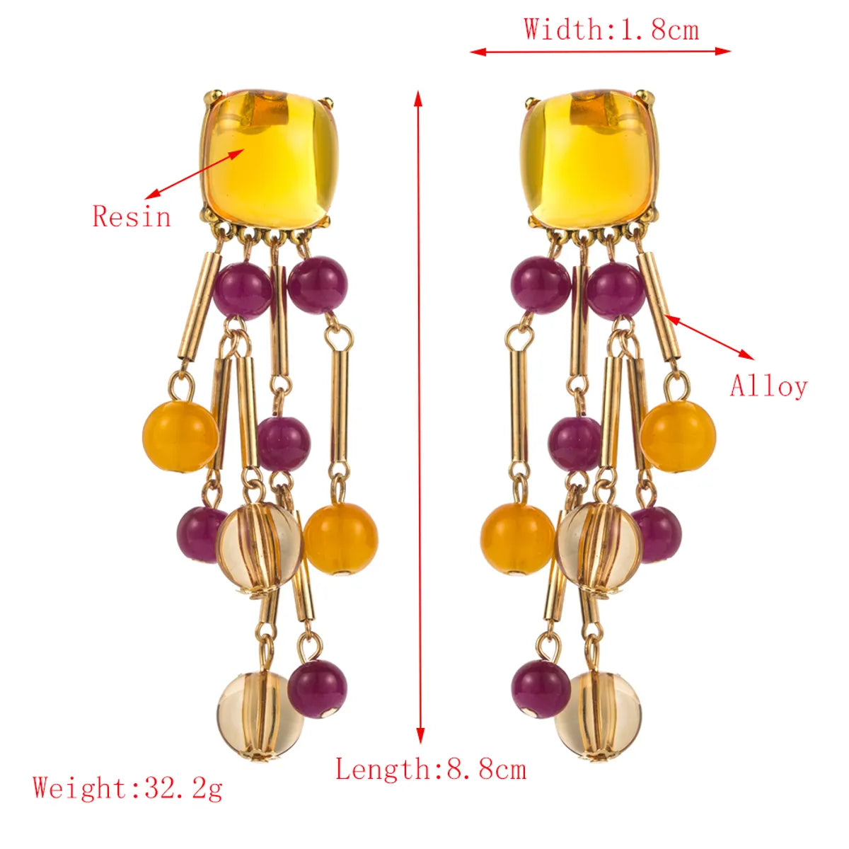 1 Pair Retro Vacation Bohemian Tassel Beaded Tassel Alloy Resin 18K Gold Plated Drop Earrings