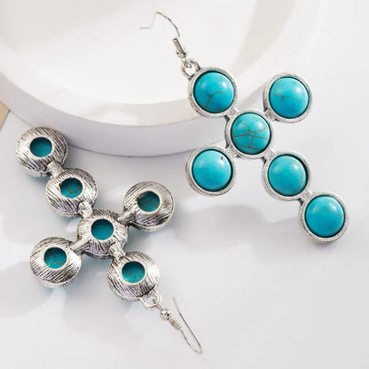 1 Pair Retro Vacation Classic Style Cross Inlay Alloy Turquoise Glass Silver Plated Drop Earrings