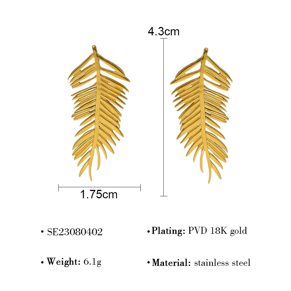 1 Pair Retro Vacation French Style Feather Plating 304 Stainless Steel 18K Gold Plated Ear Studs