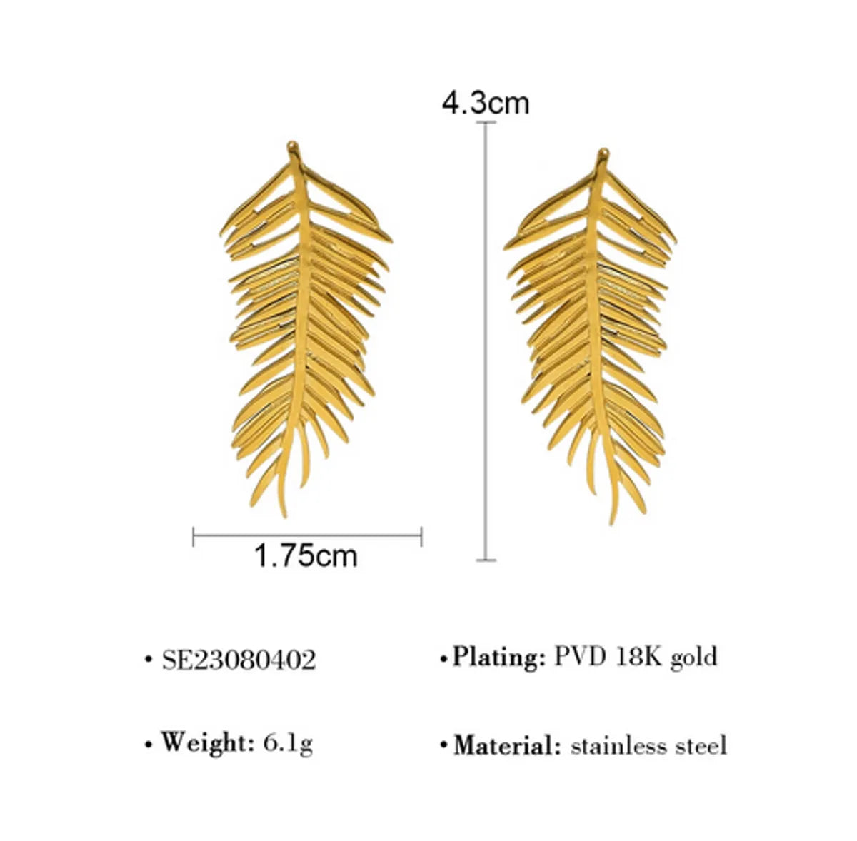 1 Pair Retro Vacation French Style Feather Plating 304 Stainless Steel 18K Gold Plated Ear Studs