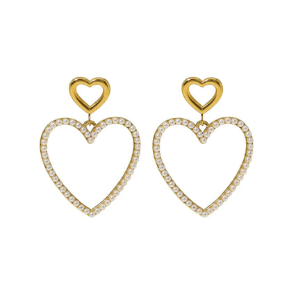 1 Pair Retro Vacation Heart Shape Plating Inlay 304 Stainless Steel Artificial Pearls 18K Gold Plated Drop Earrings