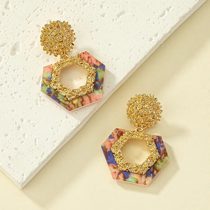 1 Pair Retro Vacation Hexagon Round Oval Plating Hollow Out Arylic Alloy Drop Earrings