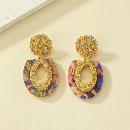 1 Pair Retro Vacation Hexagon Round Oval Plating Hollow Out Arylic Alloy Drop Earrings