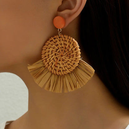 1 Pair Retro Vacation Round Sector Handmade Braid Straw Rattan Drop Earrings