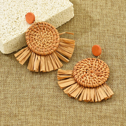 1 Pair Retro Vacation Round Sector Handmade Braid Straw Rattan Drop Earrings