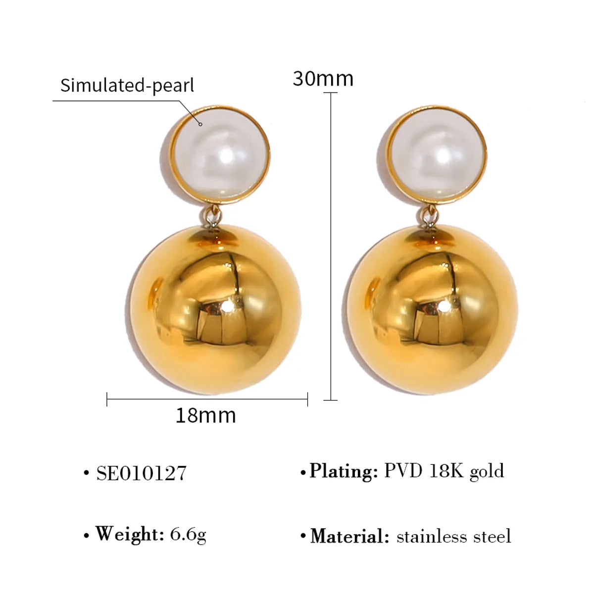 1 Pair Retro Vacation Simple Style Round Water Droplets Heart Shape Plating Inlay 304 Stainless Steel Artificial Pearls 18K Gold Plated Drop Earrings