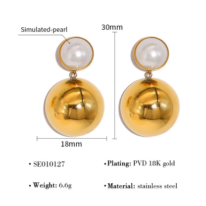 1 Pair Retro Vacation Simple Style Round Water Droplets Heart Shape Plating Inlay 304 Stainless Steel Artificial Pearls 18K Gold Plated Drop Earrings