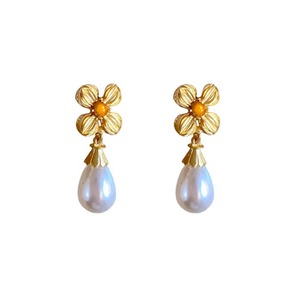 1 Pair Retro Water Droplets Flower Plating Imitation Pearl Alloy Drop Earrings