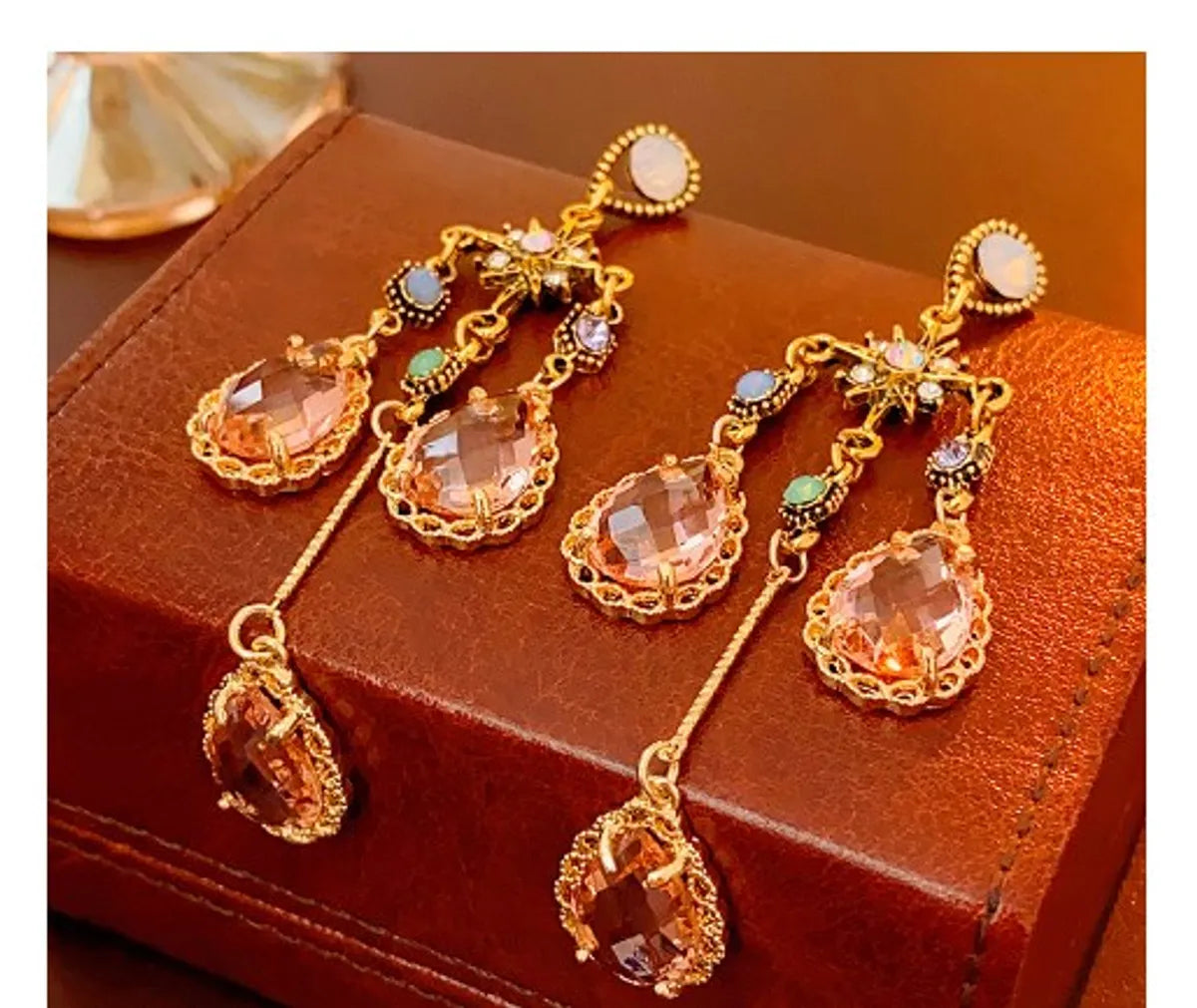 1 Pair Retro Water Droplets Inlay Alloy Crystal Rhinestones Drop Earrings