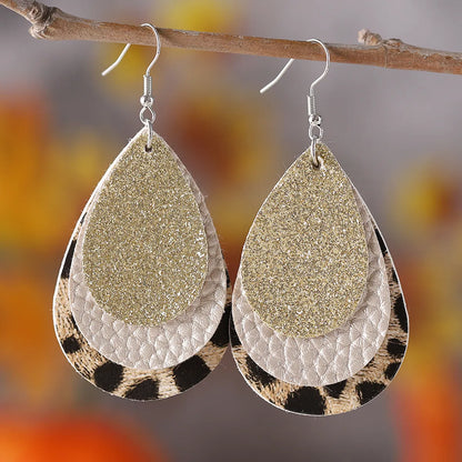 1 Pair Retro Water Droplets Leopard Sequins Layered Pu Leather Drop Earrings