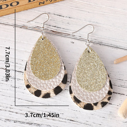 1 Pair Retro Water Droplets Leopard Sequins Layered Pu Leather Drop Earrings