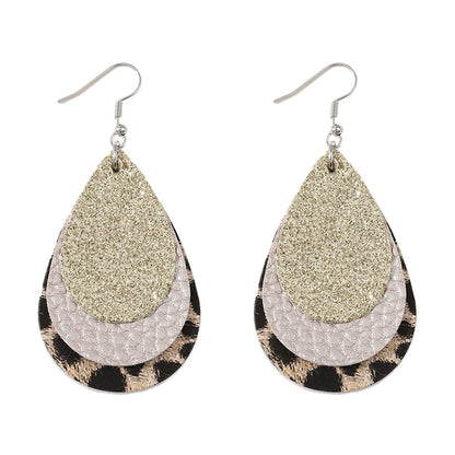 1 Pair Retro Water Droplets Leopard Sequins Layered Pu Leather Drop Earrings